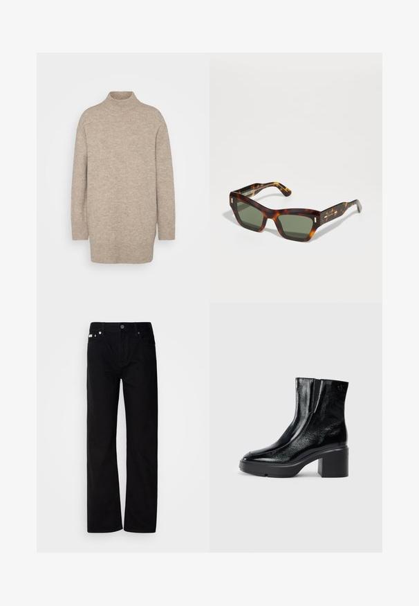 Vero Moda Tall VMIRIS HIGHNECK - Strickpullover - silver mink melange; Schwarze Denim-Hosen mit geradem Bein, fünf Taschen, silbernen Nieten und einem Knopfverschluss. Der Stoff hat eine glatte, leicht strukturierte Oberfläche.; Schwarze Lackleder-Stiefeletten mit einer geschwungenen Zehenpartie, elastischen Seiteneinsätzen und einem klobigen Blockabsatz. Mit geprägtem Logo auf der Rückseite.; Schildpatt-Sonnenbrille mit rechteckigen grünen Gläsern. Dicke Fassung mit goldenen Akzenten an den Bügeln. Glatte Textur und kantiges Design.