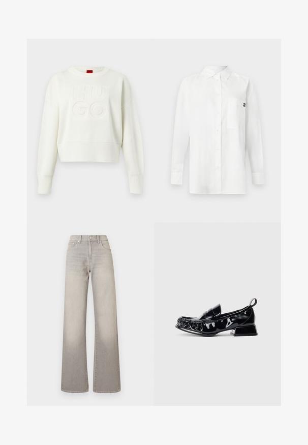 Pull long à manches longues en tricot blanc avec des bords-côtes aux poignets et à l'ourlet, arborant le texte en relief "HUGO" sur le devant et une étiquette rouge au niveau du col.; Chemise blanche à manches longues en tissu mélangé coton, dotée d'un col à boutons, d'une poche avant et d'un petit logo noir sur la poitrine.; Jean large gris avec une finition délavée, fermeture à bouton, design à cinq poches et coutures conçues le long des coutures.; Mocassins en cuir verni noir avec un bout carré, des détails froncés, un petit talon bloc et une languette à l'arrière sur un fond blanc.