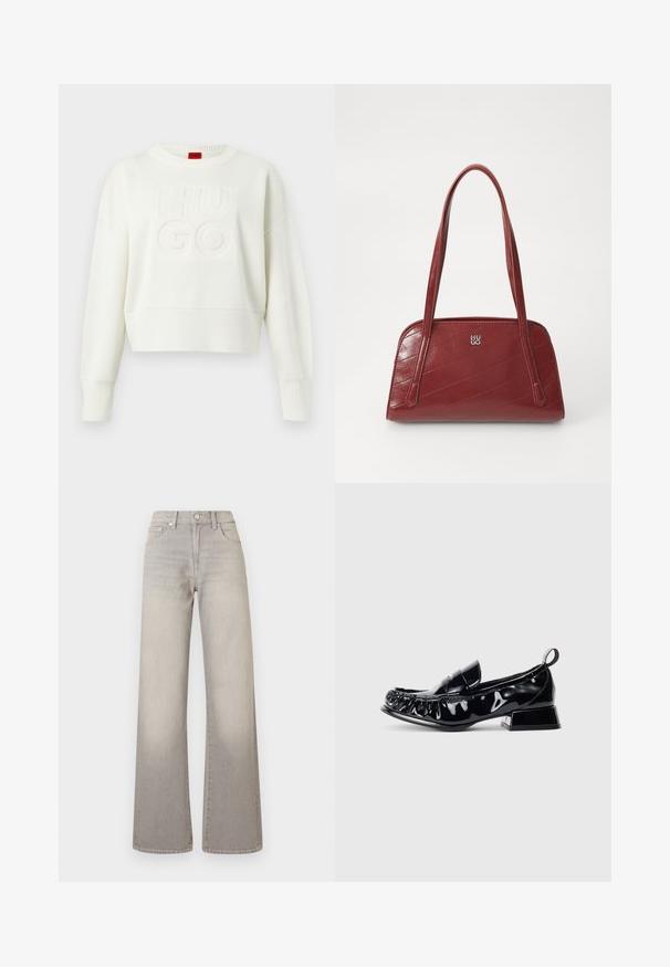 White knitted long-sleeve sweater with ribbed cuffs and hem, featuring raised "HUGO" text on the front and a red label at the neckline.; Gray wide-leg jeans with a faded finish, button closure, five-pocket design, and stitched detailing along the seams.; Black patent leather loafer with square toe, gathered detailing, low block heel, and pull tab at the back on a white background.; Red quilted handbag made of glossy material, featuring two long handles and a silver logo accent. Diagonal stitching creates texture.
