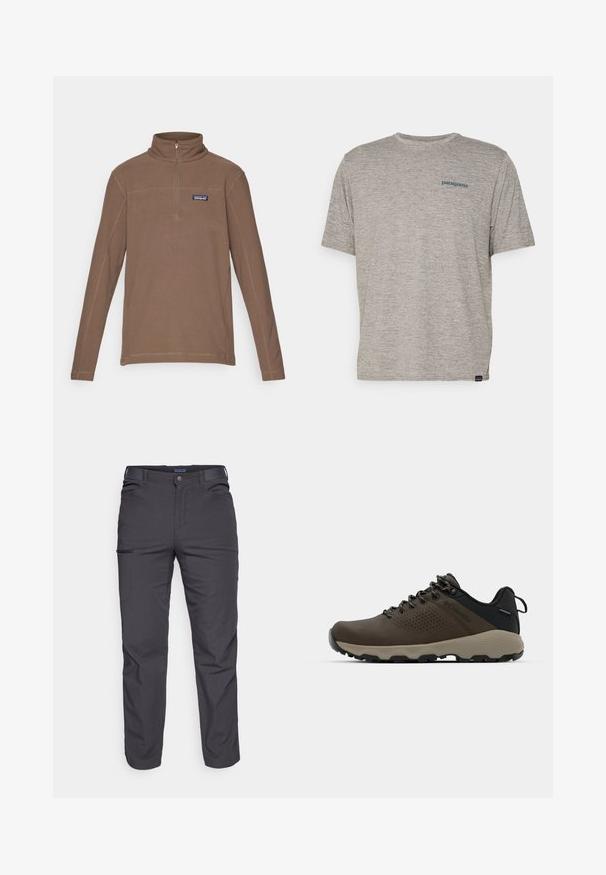 Brūns fleeces puloveris ar rāvējslēdzēja apkakli, garām piedurknēm un pieguļošu apkakli. Iekļauts mazs logotipa uzlīmīte kreisajā krūtīs.; Pelēka īsām piedurknēm kreks, kas izgatavots no mīkstas teksturētas auduma, ar mazu zilu Patagonia logotipu kreisajā krūtī. Bez papildu rakstiem.; Tumši pelēki bikses, kas izgatavotas no izturīgas auduma, ar rāvējslēdzēja kabatu, taisnu piegriezumu un jostu cilpām, lai pielāgotu fit.; Brūni ūdensnecaurlaidīgi sporta apavi ar teksturētu virsu, perforētiem akcentiem, melnu papēža atbalstu un pelēku gumijas zoli. Šņores veidotas ar metāliskiem galiem.