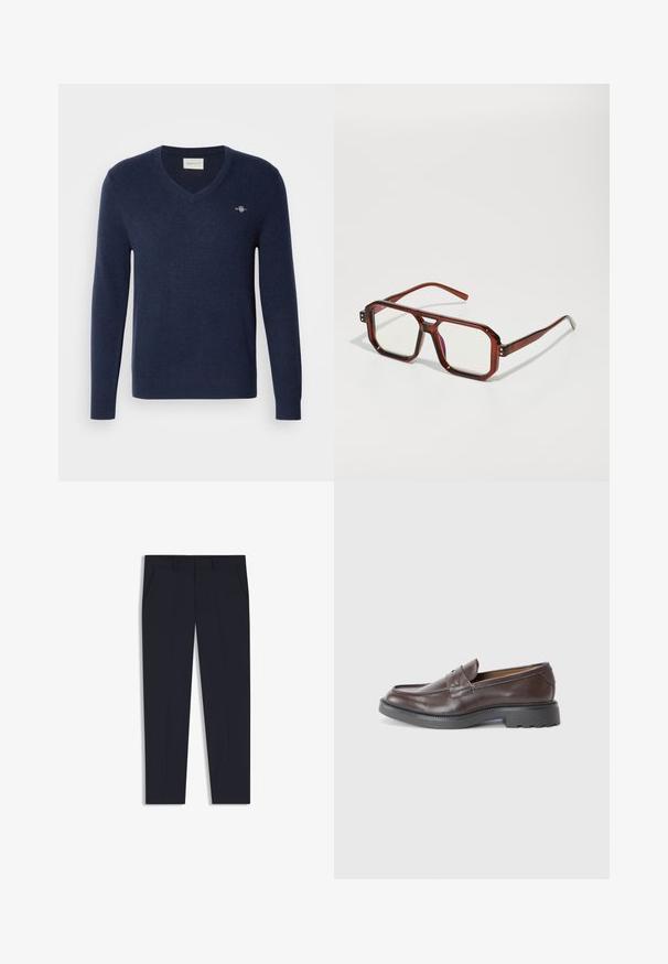 Maglione a V blu navy realizzato in morbido tessuto a maglia. Presenta maniche lunghe e un piccolo logo ricamato sul lato sinistro del petto. Vestibilità classica.; Camicia di lino beige a maniche lunghe con colletto alla cinese, patta con bottoni frontale e orlo dritto; texture liscia e design leggero.; Pantaloni blu navy con una vestibilità su misura, dotati di due tasche frontali, design a frontale piatto e una texture liscia. Nessun motivo o decorazione visibile.; Mocassini in pelle marrone con finitura liscia, punta arrotondata, cuciture minime e suola spessa in gomma nera. Nessun hardware o accenti visibili.; Occhiali trasparenti marroni di grandi dimensioni con lenti rettangolari e aste sottili. Angoli angolati e leggermente arrotondati con accenti di hardware visibili.; Orologio in metallo argentato con quadrante blu spazzolato, indici bianchi e display della data. Dotato di un bracciale metallico a maglie e logo del marchio.