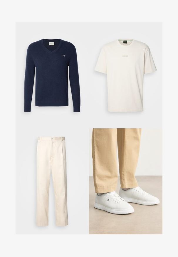 Tummansininen V-pääntie neule, joka on valmistettu pehmeästä neuloksesta. Tässä on pitkät hihat ja pieni brodeerattu logo vasemmassa rinnassa. Klassinen malli.; BOSS TEE - T-paita - open white; Vaaleanbeige puuvillahousut, joissa on suora lahje, varustettu nappisulkeisella ja etupuolella olevilla laskoksilla lisäyksinä.; Valkoiset nahkakengät, joissa on sileä pinta, pyöreä kärki, nauhakiinnitys ja hienovarainen logoyksityiskohta sivussa, yhdistettynä beigeihin housuihin.