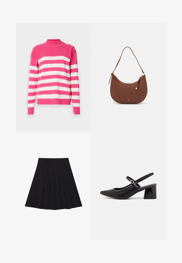 Pullover sweater in pink and white stripes. Features a high neck and button detail on the shoulder. Soft knit material with ribbed edges.; Black pleated skirt made of textured fabric with a fitted waistband. Falls to knee length, featuring a smooth, clean silhouette.; Black patent leather slingback heels with a pointed toe, a rounded cutout design, and a block heel. Features a gold-tone buckle accent.; Brown faux leather shoulder bag with curved shape, minimal stitching, and a gold-tone hardware accent. Features a top zipper closure and adjustable strap.