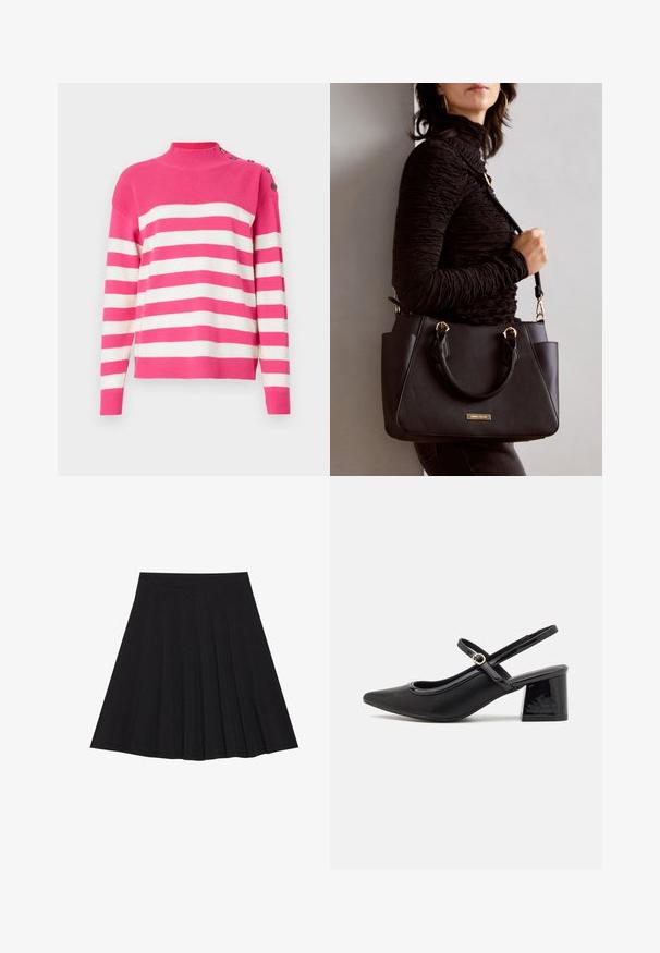 Pulôver listrado em rosa e branco. Apresenta um colarinho alto e detalhe de botão no ombro. Material de malha suave com bordas caneladas.; Saia preta plissada feita de tecido texturizado com uma faixa na cintura ajustada. Cai até ao joelho, apresentando uma silhueta suave e limpa.; Sabrinas de cerâmica preta com salto bloco, bico apontado e um design com recortes arredondados. Apresenta um detalhe em fivela de tom dourado.; Bolsa preta com superfície texturizada, alças superiores duplas e alça de ombro ajustável. Apresenta ferragens em tom dourado e bolsos laterais.