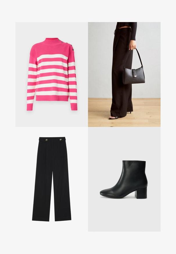 Πουλόβερ σε ροζ και λευκές ρίγες. Διαθέτει ψηλό λαιμό και λεπτομέρεια με κουμπιά στον ώμο. Μαλακό πλεκτό υλικό με ριμπ παντού.; Μαύρο παντελόνι φόρμας σε φαρδιά γραμμή με ψηλή μέση, κουμπιά στη μέση και πλαϊνές τσέπες.; Μαύρες δερμάτινες μπότες αστράγαλου με μυτερή μύτη και χοντρό τακούνι. Λείο υλικό με ελάχιστες λεπτομέρειες και κομψό, εφαρμοστό σχέδιο.; Μαύρη τσάντα χειρός με δομημένο σχήμα, λεία υφή και μεταλλικό κούμπωμα. Συνδυασμένη με φαρδιά μαύρα παντελόνια και σανδάλια ανοιχτής μύτης πάνω σε ξύλινο πάτωμα.