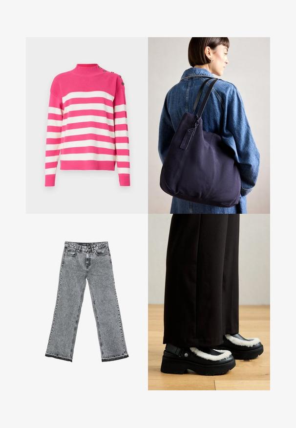 Pulover v roza in belih črtah. Ima visok ovratnik in gumbne detajle na rami. Mehka pletenina z rebrastimi robovi.; Široke kavbojke v črno-belem kislinskem pranju z raztrganimi robovi, z zasnovo petih žepov in kovinskimi dodatki.; Črne platform čevlje imajo bel puhast obrob, zaobljen toe in trak z kovinsko gumbom. Nosi se jih z črnimi hlačami na lesenem tleh.; Modra platnena torba za ramo s meko, strukturirano obliko, opremljena s črnim trakom, šivanjem in majhno oznako blagovne znamke.