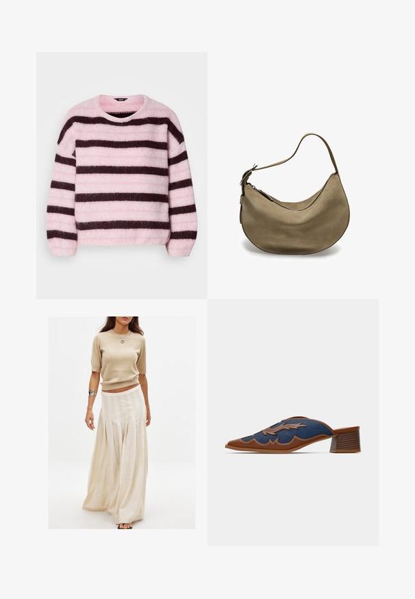 Lyserød og brunstribet sweater med rund hals, lavet af blødt, fyldigt materiale, med lange ærmer og en afslappet pasform.; Beige strikket kortærmet top kombineret med en lang, flowy cremefarvet nederdel med lodrette plisseringer og en glat tekstur.; Denim slip-on mules med spids tå, brune læderdetaljer og detaljeret syning i en bølgemønster. Lav, stablet træhæl.; Brun ruskinds hobo taske med en buet form, enkelt skulderrem, lynlås lukning og glat tekstur. Enkel design med minimale hardware detaljer.
