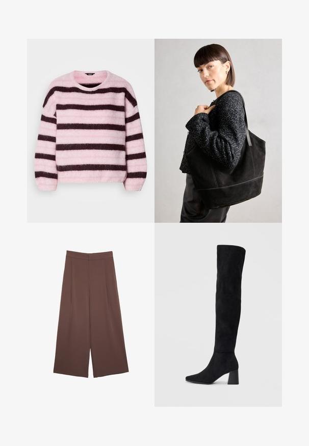 Pull rayé rose et marron avec un col rond, en matériau doux et pelucheux, doté de manches longues et d'une coupe décontractée.; Pantalons larges marron avec une texture lisse, dotés d'une taille haute et de plis à l'avant. Le tissu est léger et tombe de manière fluide.; Botte noire en daim montée jusqu'au genou, avec un talon bloc, un bout pointu et un design lisse et sans couture sur un fond clair.; Sac fourre-tout en daim noir avec une texture lisse, une forme structurée et des coutures contrastantes. Il dispose de longues poignées pour le port à l'épaule.