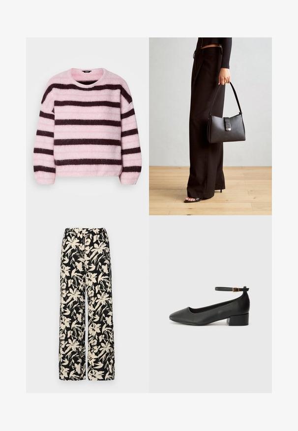 Jersey a rayas rosa y marrón con cuello redondo, hecho de un material suave y peludo, con mangas largas y un ajuste relajado.; Pantalones de pierna ancha negros con un patrón floral crema. Fabricados en un tejido ligero, con una textura suave y una cintura alta.; Zapato de tacón negro de cuero con punta afilada y tacón bajo cuadrado. Presenta una correa para el tobillo con una hebilla en tono dorado. Textura suave.; Bolso negro con forma estructurada, textura suave y un cierre metálico. Combinado con pantalones anchos negros y sandalias de dedo en un suelo de madera.