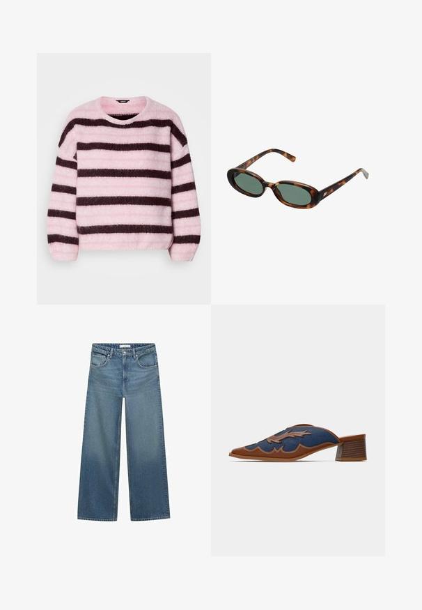 Ružový a hnedý pruhovaný sveter s okrúhlym výstrihom, vyrobený z mäkkého, nadýchaného materiálu, s dlhými rukávmi a voľným strihom.; Svetlomodré široké džínsy vyrobené z denimu, s pásom strednej výšky, dvoma prednými vreckami a klasickými prešívacími detailmi.; Džínové nazouvací mule s špičatou špičkou, hnědými koženými akcentmi a detailným šitím v prírodnom vzore. Nízký, stohovaný dřevěný podpatek.; Slnečné okuliare v štýle korytnačiny s oválnymi rámami a zelenými sklami. Majú tenké nožičky s kovovým akcentom pri pántoch.; Strieborné kovové náušnice s vlnitým, sochárskym dizajnom, s lešteným povrchom a nepravidelnými tvarmi, ktoré zvýrazňujú súčasnú estetiku.
