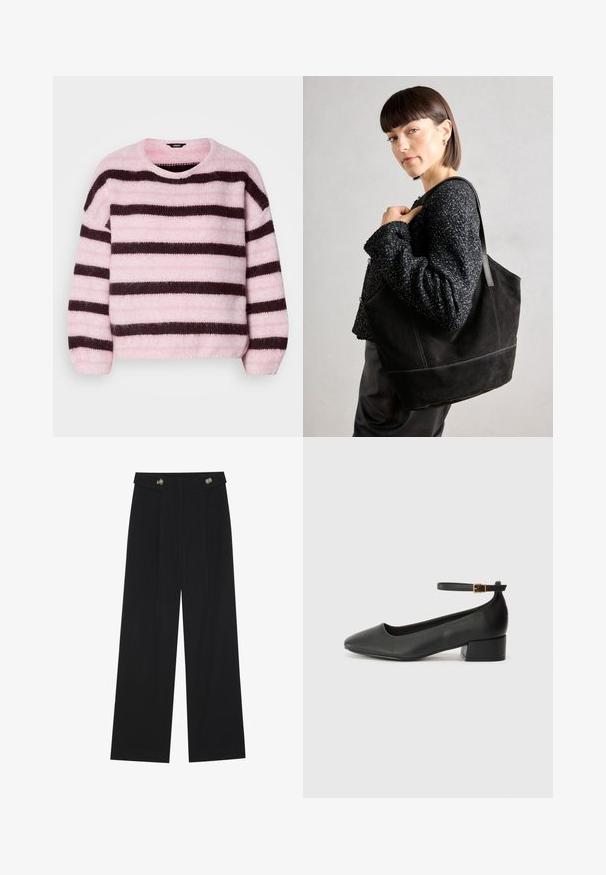 Roza in rjava črtasta jopica s krožnim izrezom, izdelana iz mehkega, puhast materiala, z dolgimi rokavi in sproščenim krojem.; Črne široke hlače s visokim pasom, gumbnimi detajli na pasu in sprednjimi gubami.; Črne usnjene pumpice z nazobčanimi prsti in nizko blokasto peto. Imajo trak okoli gležnja z zaponko v zlatem tonu. Gladka tekstura.; Črna semiš torbica z gladko teksturo, strukturirano obliko in kontrastnim šivanjem. Ima dolge naramnice za nošenje na rami.