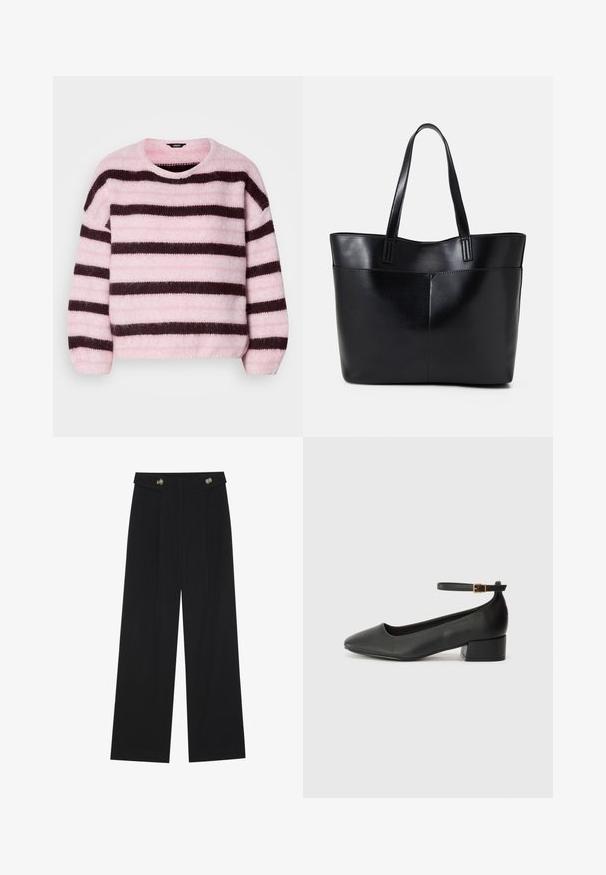Lyserød og brunstribet sweater med rund hals, lavet af blødt, fyldigt materiale, med lange ærmer og en afslappet pasform.; Sorte vide bukser med høj talje, knapdetaljer på taljebåndet og frontfald.; Sorte læderpumper med spids tå og en lav blokhæl. Har en ankelrem med en guldfarvet spænde. Glat tekstur.; Sort læder tote taske med to lange håndtag, en glat tekstur og en struktureret form. Har en forlommem for ekstra opbevaring.