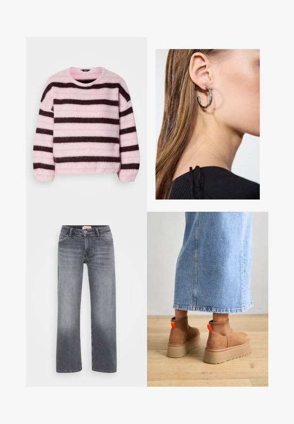 Maglione a righe rosa e marrone con collo rotondo, realizzato in materiale morbido e peloso, dotato di maniche lunghe e vestibilità rilassata.; Jeans in denim grigio con design a gamba dritta, stile a cinque tasche, leggera sbiaditura e chiusura con bottone in vita.; Stivali platform in suede marrone con pannelli laterali elastici e linguette arancioni, abbinati a una gonna di jeans chiara, lunga fino al ginocchio, su un pavimento di legno.; Orecchino a cerchio in argento con finitura lucida, caratterizzato da piccoli dettagli in oro e una forma tondeggiante, indossato sul lobo.