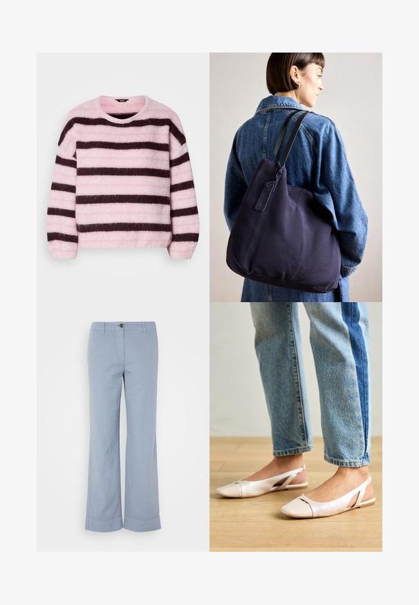 Pink and brown striped sweater with a round neck, made of soft, fuzzy material, featuring long sleeves and a relaxed fit.; Light blue linen trousers with a straight leg, button closure, and turn-up hem. Smooth texture, designed for casual wear.; Pale pink slingback flats with a pointed toe, made from a smooth leather-like material. Features cut-out details at the sides and a flat heel.; Navy canvas shoulder bag with a soft, structured shape, featuring a black strap, stitched detailing, and a small brand tag.