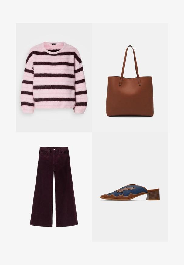 Růžovo-hnědý pruhovaný svetr s kulatým výstřihem, vyrobený z měkkého, načechraného materiálu, s dlouhými rukávy a volnějším střihem.; Široké kordové kalhoty v tmavě burgundy barvě, s vysokým pasem, zapínáním na knoflík a klasickým pětibodovým designem s žebrovanou strukturou.; Džínové nazouvací muly s špičatou špičkou, hnědými koženými akcenty a detailem šití ve vlnkovém vzoru. Nízký, vrstvený dřevěný podpatek.; Hnědá kožená taška přes rameno s hladkou texturou, otevřeným designem a dvěma ramenními popruhy. Obsahuje minimální švy a žádné viditelné kovové prvky.