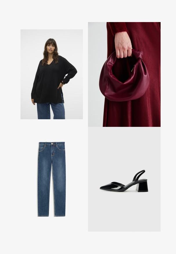 Vero Moda Curve VMCFILUCA LS V-NCK LONG GA CUR NOOS - Pulóver - black; Sötétkék farmernadrág egyenes szabással, öt zsebbel, finom varrási részletekkel és fém gombbal a deréknál.; Fekete lakk bőr szandálkés magas sarkú cipő, hegyes orral és geometrikus tömbsarkakkal. Karcsú, minimalista dizájn és sima textúra jellemzi.; Burgundi bőrtáska puhán ráncolt dizájnnal és kerek alakban. A fogantyú rögzítve van, sima textúrával rendelkezik.