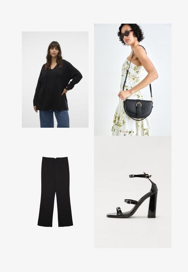 Vero Moda Curve VMCFILUCA LS V-NCK LONG GA CUR NOOS - Pullover - black; Pantalon noir avec une coupe droite, doté de poches avant et d'éclairs sur l'ourlet. Fabriqué en tissu doux et lisse. Convient à diverses occasions.; Sandales à talons vernies noires avec un bout carré, des sangles autour de la cheville et des boucles en argent. Dotées d'un talon bloc épais pour plus de stabilité.; Sac à main en cuir noir avec une forme courbée, bandoulière amovible et des accessoires en or. Le sac est doté d'un rabat avec un détail de boucle.
