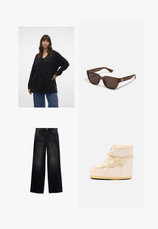 Vero Moda Curve VMCFILUCA LS V-NCK LONG GA CUR NOOS - Jumper - black; Black wide-leg jeans made from denim. Features a high waist, five-pocket design, and frayed hem with a slight fading effect. Regular fit.; Light beige Moon Boot with a rounded toe, drawstring closure, and textured rubber sole. Features white branding and smooth synthetic materials.; Brown rectangular sunglasses with rounded edges, featuring dark lenses and a glossy finish. Gold logo accent on the temples.