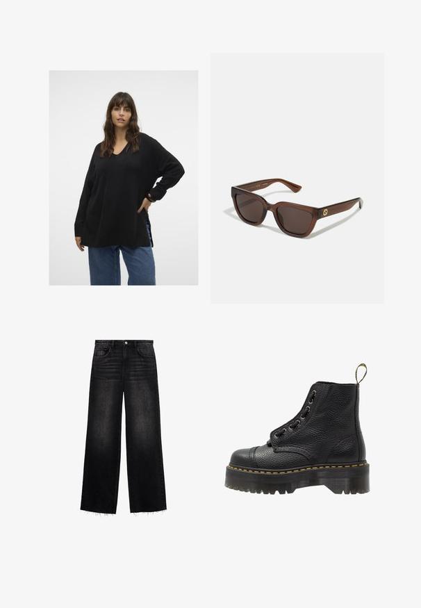 Vero Moda Curve VMCFILUCA LS V-NCK LONG GA CUR NOOS - Striktrøje - black; Sorte bredbenede jeans lavet af denim. Har høj talje, fem-lomme design og en frynset kant med en let falmende effekt. Regular fit.; Sorte læder ankelstøvler med tekstureret overflade, rund tå, snørebåndsdesign, gule stikninger og en tyk, rillet sort platformsål.; Brune rektangulære solbriller med runde kanter, udstyret med mørke linser og en blank finish. Gyldent logo-accent på stængerne.