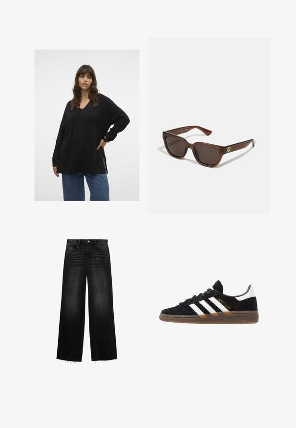 Vero Moda Curve VMCFILUCA LS V-NCK LONG GA CUR NOOS - Vesta - black; Crne široke traperice izrađene od denima. Imaju visoki struk, dizajn s pet džepova i istrošeni rub s blagim efektom izbjeljivanja. Redoviti kroj.; Crni Adidas tenisice s bijelim prugama, zlatnim natpisom "Spezial", gumeni potplat i bijeli oznaka na peti, prikazane u bočnom pogledu.; Smeđi pravokutni sunčani naočari s zaobljenim rubovima, sa tamnim lećama i sjajnom završnom obradom. Zlatni logotip na sljepoočnicama.