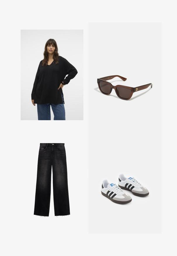Vero Moda Curve VMCFILUCA LS V-NCK LONG GA CUR NOOS - Svetr - black; Černé široké džínsy vyrobené z denimu. Mají vysoký pas, design s pěti kapsami a roztrhaný lem s mírným vyblednutím. Normální střih.; Sportovní boty s bílým koženým svrškem, šedou semišovou špičkou a třemi černými pruhy. Obsahují modré logo na jazyku a texturovanou gumovou podrážku.; Hnědé obdélníkové sluneční brýle se zaoblenými okraji, vybavené tmavými skly a lesklým povrchem. Zlatý loga akcent na spáncích.