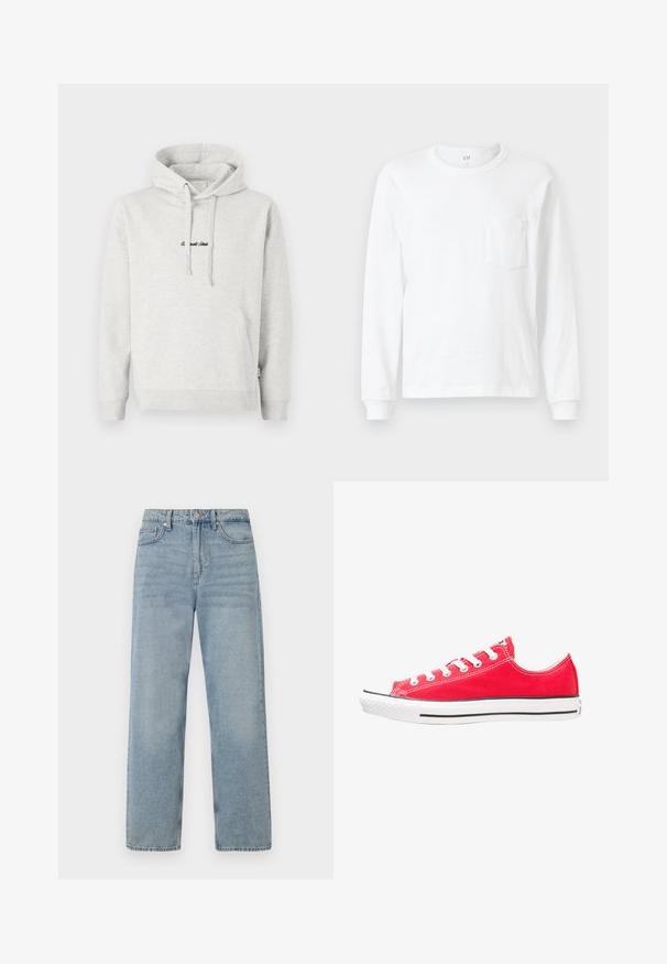 Svijetlosivi dukserica s kenguruvim džepom, kapuljačom na vezanje i crnim vezom na prednjem dijelu. Mješavina pamuka, rebrasti manžeti.; Bijela majica dugih rukava od pamuka. Ima okrugli izrez i mali džep na prsima. Mekana tekstura s rebrastim manžetama.; Svijetloplave traperice s visokim strukom, ravnog kroja, pet džepova i suptilnim izbljeđivanjem za efekt nošenja.; Crvena platnena tenisica s bijelim gumastim čepom na prstima i potplatom. Ima pet pari bijelih rupica za vezice, crni bočni prugasti uzorak i strukturu površine.