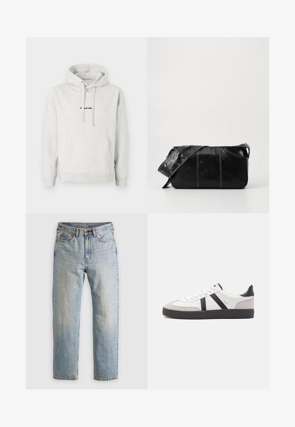 Felpa grigia chiara con tasca a marsupio, cappuccio con cordino e testo ricamato in nero sul davanti. Tessuto misto cotone, polsini a coste.; Jeans in denim azzurro chiaro con vita alta, bottone anteriore, cerniera e design a cinque tasche, adagiati su uno sfondo neutro.; Sneaker bianco con accenti neri e grigi, dotata di una punta grigia testurizzata, suola in gomma nera e lacci bianchi piatti. Design pulito, stile minimalista.; Borsa a spalla in pelle nera con chiusura a zip, caratterizzata da un corpo testurizzato, cuciture bianche e una tracolla con occhielli in argento.