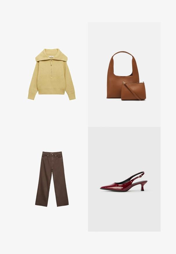 Rumena pletena puloverja z visokim stojalom in četrtinskim zadrgo. Ima rebraste manšete in obod. Teksturovana tkanina daje prijeten videz.; Široke rjave kavbojke iz denima, ki imajo visok pas, sprednje žepe in klasično zapiranje na gumb. Gladka tekstura s subtilnim šivom.; Burgundske paten kože slingback pete s oštrim nosom i elegantnom stiletto petom. Dizajn s otvorenom stražnjom stranom s podesivim detaljem na remenu oko gležnja.; Rjava sintetična torbica z ukrivljenim ročajem in gladko teksturo. Vključuje ujemajočo se majhno torbico z zadrgo. Minimalističen dizajn.