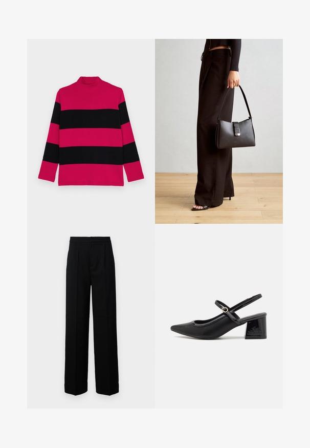 Pink and black striped turtleneck sweater with long sleeves, ribbed texture, and a fitted collar.; Black wide-leg trousers with a smooth texture, featuring a flat front, pleats, and a tailored waistband. No visible hardware or patterns.; Black patent leather slingback heels with a pointed toe, a rounded cutout design, and a block heel. Features a gold-tone buckle accent.; Black handbag with structured shape, smooth texture, and a metallic clasp. Paired with wide black pants and open-toe sandals on wooden floor.