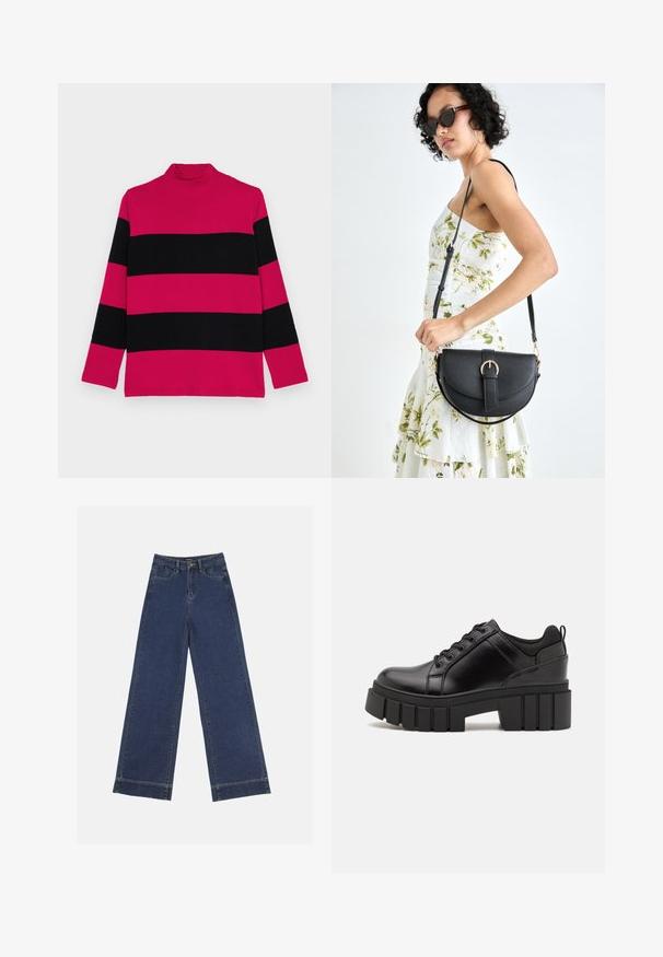 Maglione a collo alto a righe rosa e nero con maniche lunghe, texture a coste e colletto aderente.; Jeans a gamba larga in denim blu scuro. Presentano cinque tasche, passanti per cintura e un orlo grezzo in fondo con dettagli di cucitura visibili.; Scarpe platform in pelle nera con tacco a blocco robusto, punta rotonda e design tradizionale con lacci. Presentano una superficie liscia e dettagli minimi.; Borsa a tracolla nera in pelle con una forma curva, manico rimovibile e accessori dorati. La borsa presenta una patta con un dettaglio a fibbia.