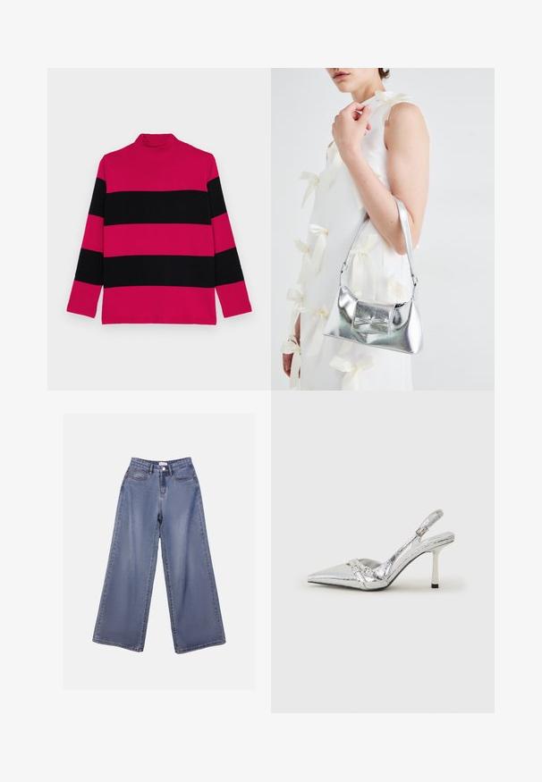 Rosa og svart stripete turtleneck-genser med lange ermer, ribbet tekstur og en tettsittende krage.; Bredde ben jeans i lys blå vask, med høy livhøyde, frontlommer og knappelukking med beltehemper.; Sølv slingback høyhelte sko med spiss tå, metallisk finish, to dekorative stropper, og en slank hæl med svart tupp.; Sølvmetallisk håndveske med en strukturert form, med en topphåndtak og sløyfedetalj foran. Glatt tekstur, reflekterende overflate.