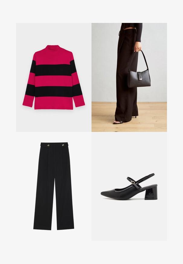 Rózsaszín és fekete csíkos garbó pulóver hosszú ujjal, bordázott textúrával és testhezálló gallérral.; Fekete, bő szárú nadrág magas derékkal, gombos részletekkel a derékrészen és elülső pliszékkal.; Fekete lakk bőr, pántos magassarkú cipő, hegyes orral, lekerekített kivágással és tömbsarkal. Arany színű csat díszíti.; Fekete kézi táska strukturált formával, sima textúrával és fémből készült záródással. Széles fekete nadrággal és nyitott orrú szandállal párosítva, fából készült padlón.