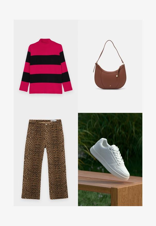 Rožinis ir juodas dryžuotas megztinis su aukštu kaklu, ilgomis rankovėmis, su bešakėmis tekstūra ir priglundančiu apykakle.; Lepardų rašto kelnės su rudų ir juodų spalvų raštu, tiesiomis kojomis ir klasikinėmis penkių kišenių detalėmis. Pagamintos iš medvilnės ir sintetinių pluoštų mišinio.; Balti sneakeriai su lygia sintetine viršutine dalimi, perforuota pirštų zona, plokščiomis raištelėmis ir tekstūruotu padu, padėti ant medinės paviršiaus.; Ruda dirbtinės odos petinė piniginė su kreiva forma, minimalia siuvimo linija ir auksinės spalvos įranga. Yra užtrauktuko uždarymas viršuje ir reguliuojama petneša.