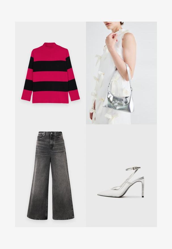 Rosa og svart stripete turtleneck-genser med lange ermer, ribbet tekstur og en tettsittende krage.; Bredde ben svarte denim jeans med falmet vask, fem-lommers design og knappelukking i livet, med sømdetaljer.; Klare stiletthæl sko med spids tå, gennemsigtigt materiale, metallisk sølvdetaljer og justerbar ankelrem.; Sølvmetallisk håndveske med en strukturert form, med en topphåndtak og sløyfedetalj foran. Glatt tekstur, reflekterende overflate.