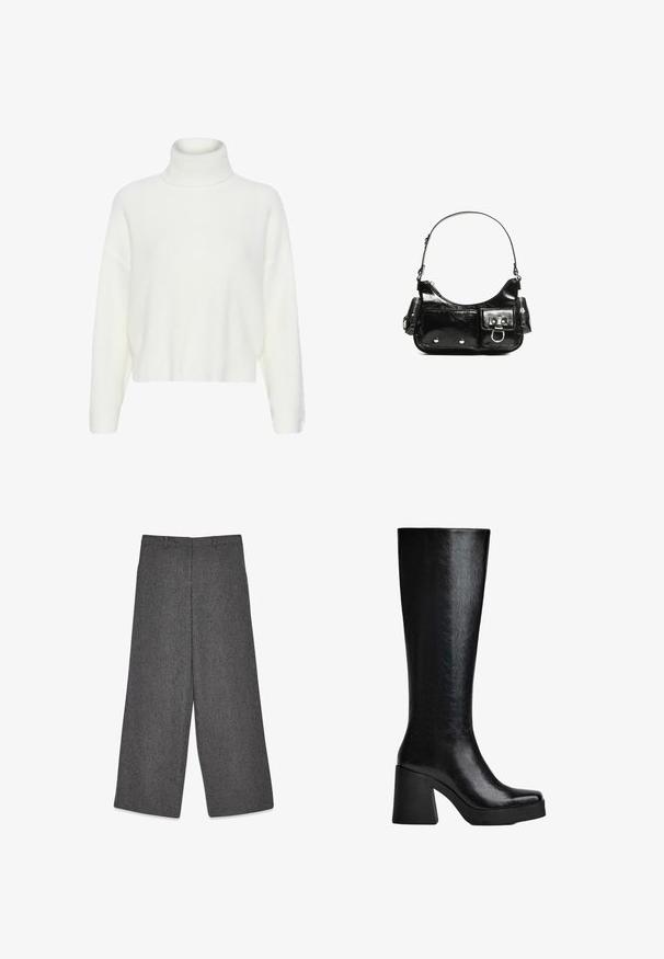 Biały sweter z golfem z dzianiny o miękkim, teksturowanym wykończeniu, skróconym fasonie oraz długich rękawach. Równomiernie rozmieszczony ściągacz na całej powierzchni.; Szare spodnie szerokie wykonane z teksturowanej tkaniny z delikatnym wzorem. Posiadają pas ze szlufkami na pasek oraz czyste wykończenie.; Czarne, sięgające kolan botki wykonane z teksturowanego materiału syntetycznego, z kwadratowym noskiem, masywnym, wysokim obcasem oraz gładką, elegancką powierzchnią.; Czarna torebka z lakierowanej skóry o zaokrąglonym kształcie, z jednym paskiem na ramię, przednimi kieszeniami i akcentami w kolorze srebrnym.