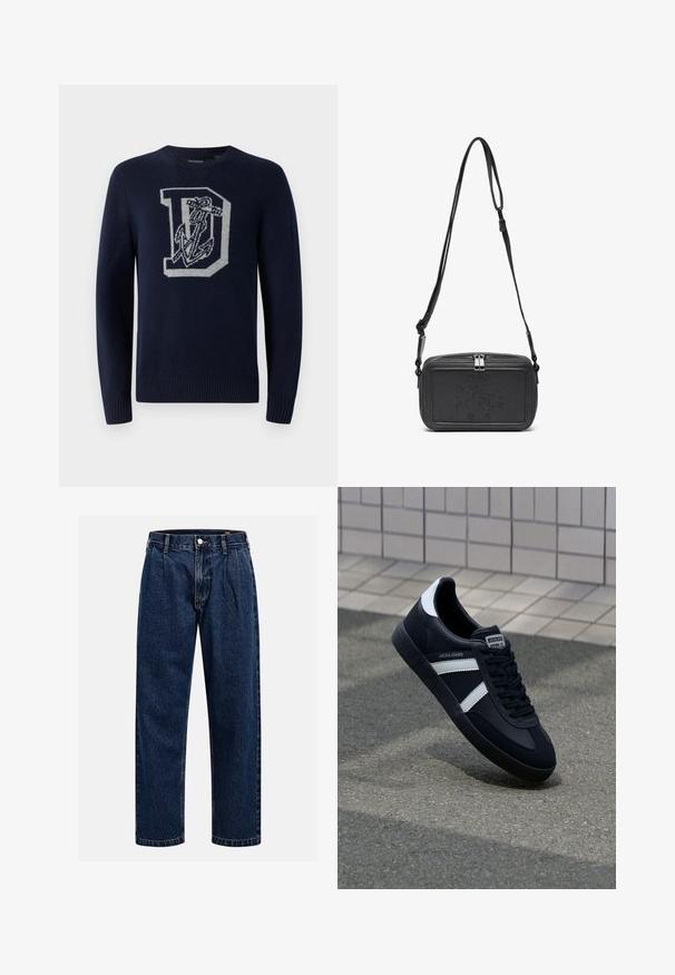Mornarsko moder pleten pulover s krožnim ovratnikom, na sprednji strani z velikim sivim simbolom 'D' in vzorcem sidra, rebrasti manšeti in roba.; Temno modri kavbojki iz denima s pravim krojem. Imajo vidno šivanje, zapenjanje na gumb in sprednje plitke za dodaten detajl.; Črne usnjene superge z belimi črtami, teksturiran gumijast podplat in zavezovanje spredaj. Imajo označeno oznako na ježku.; Črna usnjena torbica čez ramo z zadrgo, embosirano logotipom spredaj in nastavljivim pasom. Gladka površina z pravokotno obliko.