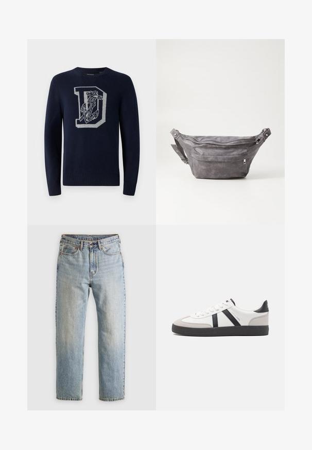 Pulover tricotat bleumarin cu guler rotund, având un model mare cu litera gri 'D' și ancora pe partea din față, cu manșete și tiv cu nervuri.; Jeans din denim de culoare albastru deschis, cu talie înaltă, nasture frontal, fermoar și design cu cinci buzunare, așezate platesc pe un fundal neutru.; Sneaker alb cu accente negre și gri, având un capac de vârf gri texturat, talpă din cauciuc negru și șireturi plate albe. Design elegant, stil minimalist.; Borseta gri din suede, cu o formă rotunjită, două compartimente cu fermoar și curea ajustabilă. Are accente din metal.