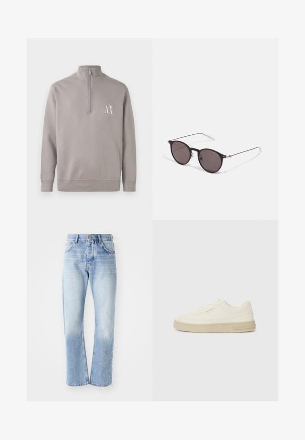 Heledhalli neljandiku tõmblukuga ülikond, mis on valmistatud pehmest materjalist, sisaldab rinda väikest valget logo ning elastseid mansette ja äärt.; Heled sinine teksapüksid sirge lõikega. Omab viit taskut, nööpide kinnitust ja pleekinud tekstuuri allosas.; Valged kangast spordijalatsid tekstureeritud kummist tallaga, tükkide õmblusega varbakaitsme ja logo rõhuasetusega kandmisel. Lihtne lipsuga disain.; Mustad mustad prillid tumedate läätsedega ja õhukeste metallist käepidemetega. Kaarja kujuga seljaosa ja hõbedased aktsendid hingel. Minimalistlik disain.