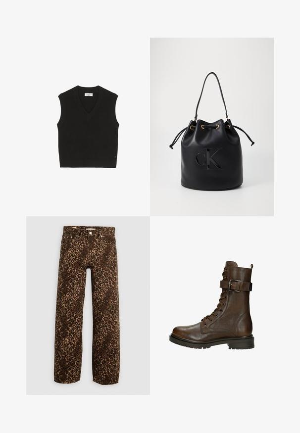 Zwarte gebreide mouwloze top met een geribbelde textuur, V-hals ontwerp en een klein merkembleem aan de voorkant.; Mouwloze top in diep bordeauxrood, gemaakt van zacht, rekbaar materiaal. Beschikt over een hoge halslijn en een aansluitend ontwerp met schone, afgewerkte randen.; Luipaardprint wijde broek in bruin en beige. Gemaakt van denim, met een klassieke vijf-pocket ontwerp en metalen hardware accenten.; Bruine leren veterschoen tot de enkel met een zijgesp, ronde neus, robuuste zool en stiksels voor extra textuur.; Zwarte leren emmer tas met trekkoord sluiting, voorzien van een glanzend "CK" logo aan de voorkant en gouden hardware accenten.