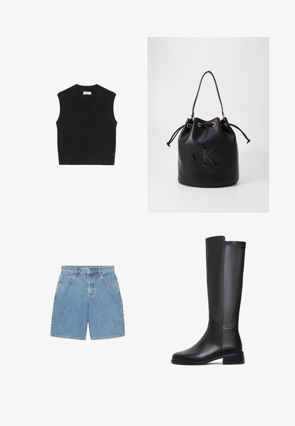 Top negru tricotat fără mâneci, cu o textură côtă, design cu decolteu în V și un mic etichetă de marcă pe față.; Top negru fără mâneci, cu guler înalt, confecționat dintr-un material neted și elastic, expus pe un fundal alb simplu.; Shorts din denim de culoare albastru deschis, cu talie înaltă, patru buzunare și cusături vizibile. Fabricate dintr-un material denim texturat.; Cizma de piele neagră, până la genunchi, cu o textură netedă, vârf rotund, toc mic și detalii subtile de cusătură pe lateral.; Geantă bucket din piele neagră, cu închidere cu șnur, având un logo lucios "CK" pe față și accente din metal auriu.