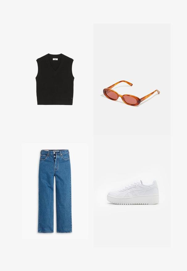 Top sin mangas de punto negro con textura acanalada, diseño de escote en V y una pequeña etiqueta de marca en la parte frontal.; Camiseta de algodón blanca de manga corta y escote redondo. Presenta un pequeño logo rojo de Levi's en la zona del pecho izquierdo.; Vaqueros de mezclilla azul de pierna recta con una cintura alta, diseño de cinco bolsillos y cierre de botones. Costuras visibles y remaches de tono cobrizo.; Zapatillas de plataforma blancas con una textura de cuero suave, detalles perforados y cordones planos; cuentan con una suela de goma blanca gruesa.; Gafas de sol ovaladas con montura transparente en color naranja y lentes tintados. Diseño elegante con brazos delgados que presentan sutiles detalles de marca.; Funda de tela beige con forma redondeada, que presenta una parte superior plana y detalles de costura sutiles. Incluye un logotipo minimalista y una correa lateral.