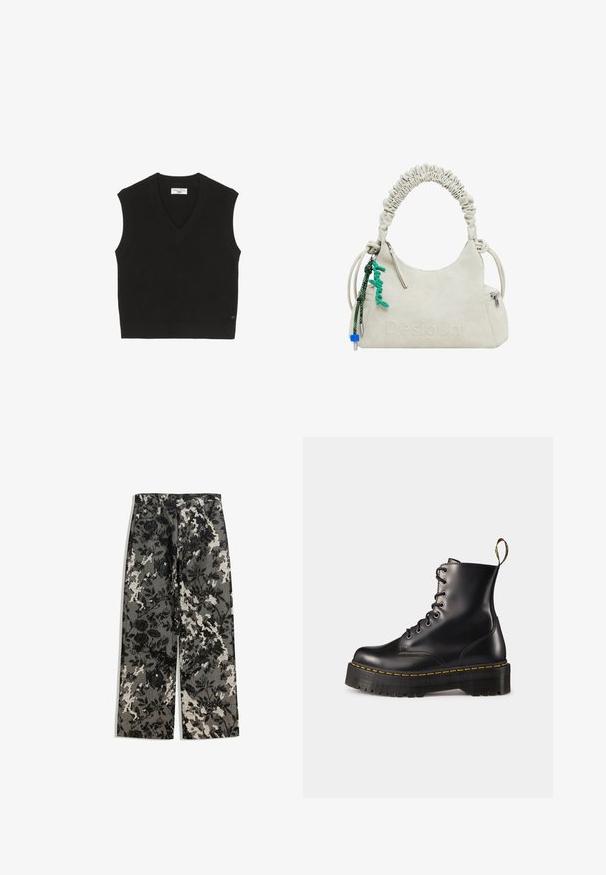 Top negru tricotat fără mâneci, cu o textură côtă, design cu decolteu în V și un mic etichetă de marcă pe față.; Pantaloni mid-rise cu picioare largi, într-un model floral texturat alb-negru pe un fundal gri, având un tiv clasic și buzunare frontale.; Botine din piele neagră, cu șireturi, până la gleznă, cu o talpă chunky neagră și cusături galbene. Dispune de o etichetă de tragere la spate și orificii metalice circulare.; Geantă din imitație de piele albă-crem cu mânere plisate, buzunar cu fermoar și un charm verde. Textură netedă, logo embosat discret și design elegant.