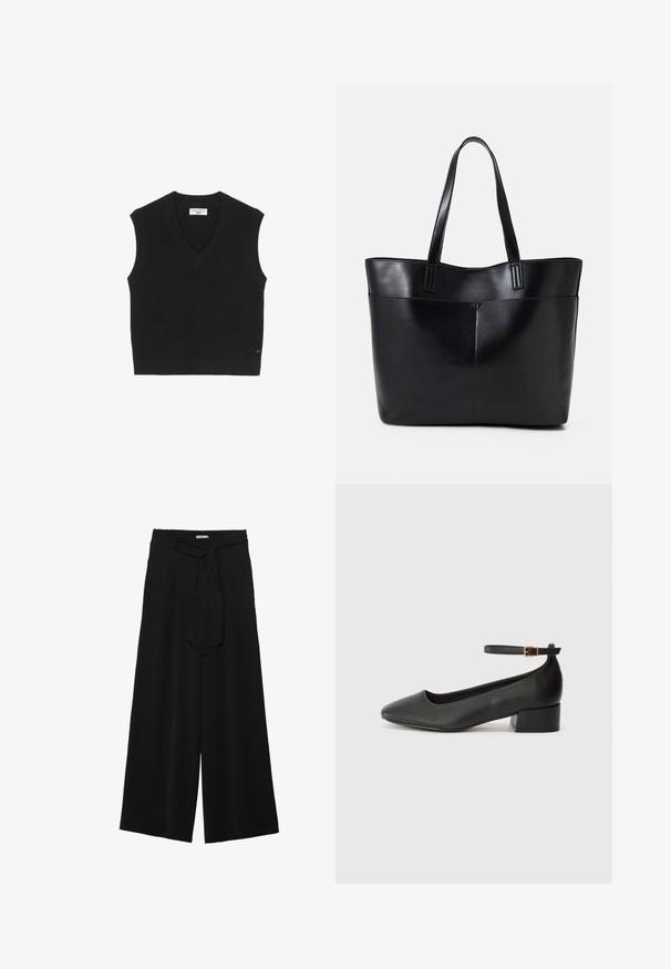 Black knitted sleeveless top with a ribbed texture, V-neck design, and a small brand label on the front.; Black wide-leg pants featuring a textured fabric, an elastic waistband, and a detachable sash tie at the waist for adjustable fit.; Black leather pump with a pointed toe and a low block heel. Features an ankle strap with a gold-tone buckle. Smooth texture.; Black leather tote bag with two long handles, a smooth texture, and a structured shape. Features a front pocket for additional storage.