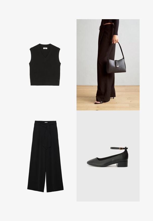 Crni pleteni bezrukavni top s rebrastom teksturom, dizajnom u obliku slova V i malom oznakom branda sprijeda.; Crne široke hlače od teksturirane tkanine, s elastičnom pojasom i odvojivim remenom na struku za prilagodivo pristajanje.; Crne kožne pumpe s oštrim vrhom i niskom blok petom. Sadrže remen oko gležnja s zlatnim kopčanjem. Glatka tekstura.; Crna torba s oblikom koji sadrži strukturu, glađu teksturu i metalnu kopču. Uparena s širokim crnim hlačama i sandalama na otvorenom s drvenog poda.
