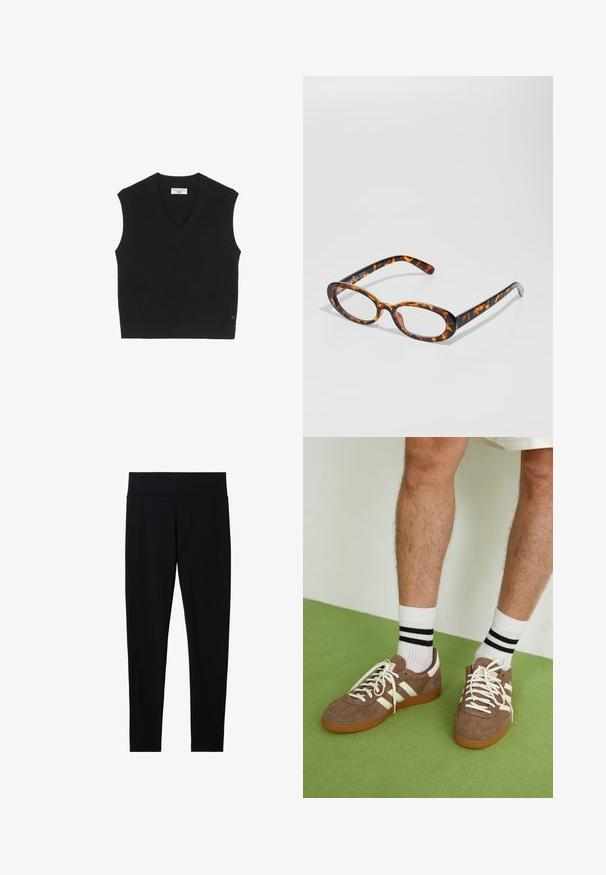 Schwarzes gestricktes ärmelloses Top mit geripptem Muster, V-Ausschnitt und einem kleinen Markenlabel auf der Vorderseite.; Schwarze dehnbare Leggings mit einem breiten, weichen Taillenbund, die eine glatte Textur und eine figurbetonte Silhouette aufweisen, geeignet für verschiedene Aktivitäten.; Braune Wildleder-Sneaker mit weißen Akzenten und Schnürsenkeln. Gummisohle in Kautschuk-Optik. Getragen mit weißen Socken, die schwarze Streifen haben. Grüner strukturierter Fußboden.; Schildpattbrille mit ovalen Gläsern, glänzender Oberfläche, schlanken Bügeln und subtilen Mustern, die an die Streifen eines Tigers erinnern.