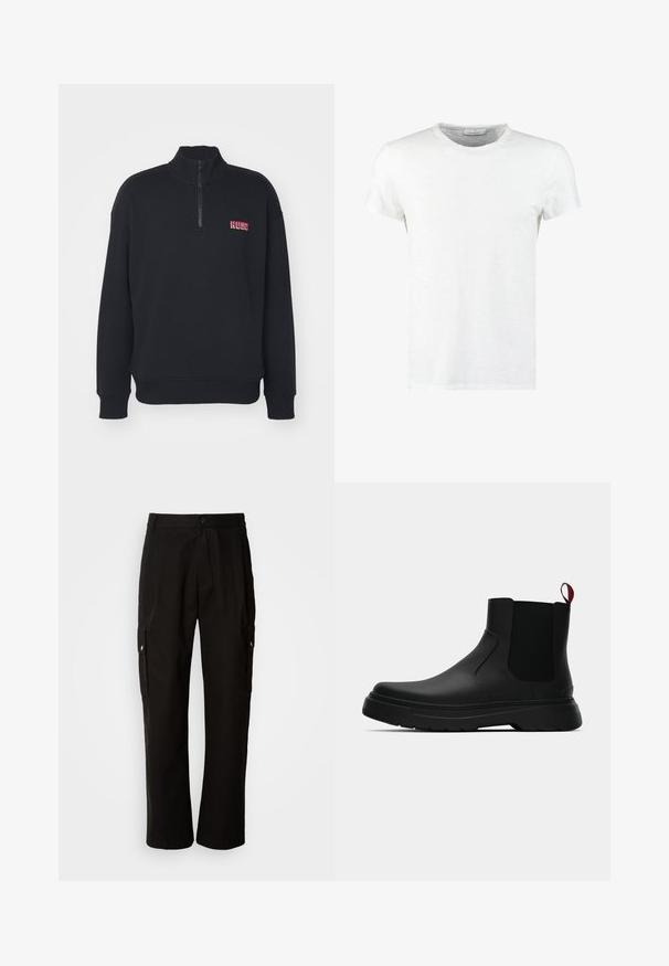Must mustar särk, millel on kõrge kaelus ja neljandik-zipp. Omab ribakudumisega varrukaotsi ja äärist, samuti kontrastset punast tikandiga logo ees.; Valge puuvillane T-särk ringkaelusega ja lühikeste varrukatega, millel on peen tekstuur ja minimalistik disain. Ilma mustrite või aktsentideta.; Mustad mustadeks rõivasteks mõeldud puuvillased püksid, millel on lõdva istuvuse disain, küljetaskud, nööbiga sulgemine ja sirged sääred. Lihtne disain ilma mustriteta.; Mustad musta värvi ankle boot, millel on sile viimistlus, elastsed külgpaneelid ja kontrastne punane tõmbetaba. Saapadel on paks kummist tald ja ümar varvas.