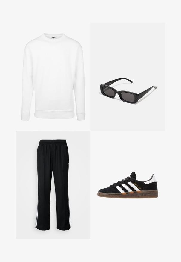 Bijela dukserica napravljena od mekanog materijala. Ima duge rukave, okrugli izrez, rebraste manžetne i rub. Jednostavan i minimalistički dizajn.; Crne sportske hlače s elastičnom trakom oko struka, s bijelim bočnim prugama i malim logotipom. Materijal izgleda mekan i lagan.; Crni Adidas tenisice s bijelim prugama, zlatnim natpisom "Spezial", gumeni potplat i bijeli oznaka na peti, prikazane u bočnom pogledu.; Crne pravokutne sunčane naočale s tamnim lećama, sjajnim završetkom, širokim drškama i masivnim okvirom. Ugraviran naziv branda na jednoj dršci.