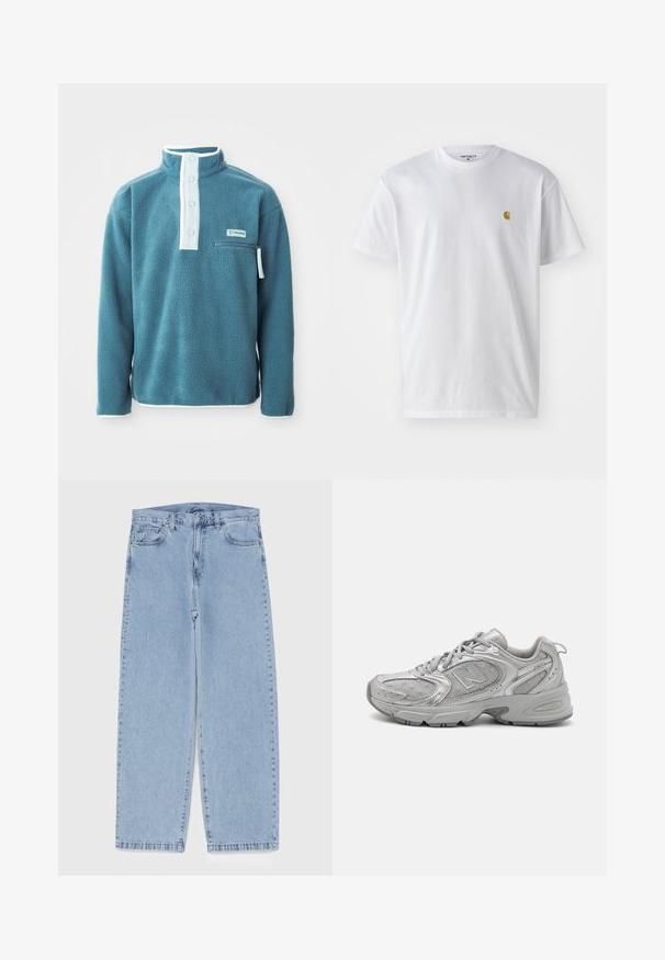 Turkizni flis pulover z visokim ovratnikom, sprednjo z štirimi gumbi in žepom na zadrgo na prsih. Ima bel rob ob ovratniku in rokavih.; Bela bombažna majica s kratkimi rokavi, krožnim ovratnikom, z majhnim zlatim logotipom na levem prsnem predelu. Mehka tekstura in običajen kroj.; Svijetloplave traperice s ravnim nogavicama, srednjeg struka, pet džepova te zatvaranjem na gumb i munju.; Srebrna športna copata z elegantnim dizajnom, mrežnimi paneli, oblazinjenim jezikom, teksturirano sintetično zgornjim delom in gumijastim podplatom za oprijem.