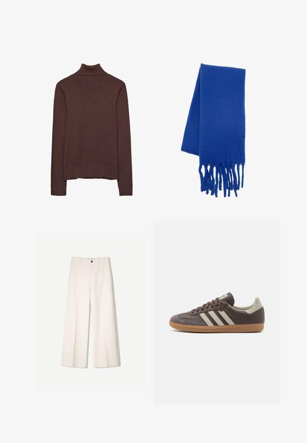 Smeđi pulover s rolom izrađen od mekanog materijala, s prilagođenim dizajnom, rebrastim ovratnikom i manžetama te blago skraćenim rubom.; Kreme hlače širokih nogavica s krojem koji je prilagođen, s dva prednja džepa i jednim prednjim zatvaranjem na gumb, izrađene od glatkog materijala.; Smeđe kožne tenisice s tri svijetle pruge, gumeni potplat, zaobljeni vrh i teksturirani antilop detalji na peti i vrhu. ; Plavi vuneni šal s mekom teksturom, s resicama na krajevima. Dizajn je klasičan i pravokutan, naglašavajući njegovu živopisnu boju.; Smeđa kožna torba preko ramena s glatkom teksturom, otvorenim vrhom i dvjema naramenicama. Ima minimalne šavove i nema vidljivog hardvera.