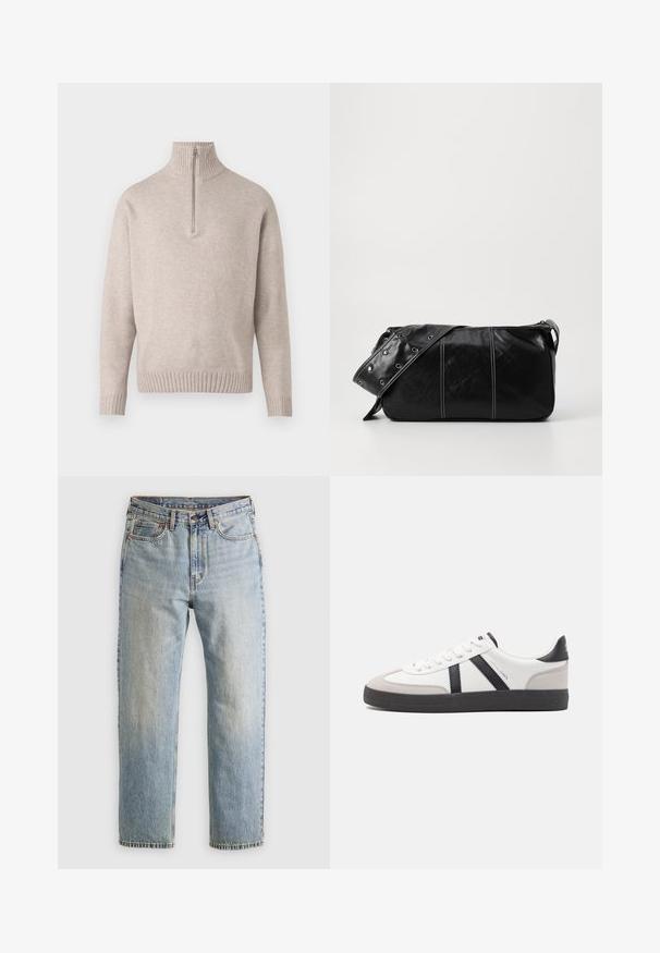 Beige quarter-zip pullover sweater in soft knit fabric. Features ribbed collar and cuffs, with a relaxed fit and seamless design.; Light blue denim jeans with high waist, front button, zipper, and five-pocket design, laid flat on a neutral background.; White sneaker with black and gray accents, featuring a textured gray toe cap, black rubber sole, and flat white laces. Clean design, minimalist style.; Black leather shoulder bag with a zip closure, featuring a textured body, white stitching, and a strap with silver grommets.